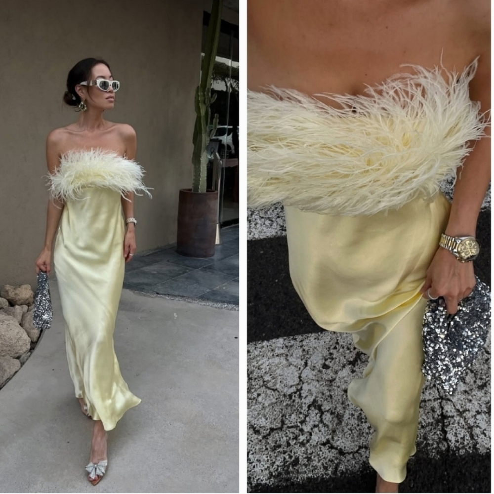 Zara Feathered Satin Midi Dress Yellow Size L - Picture 3 of 16